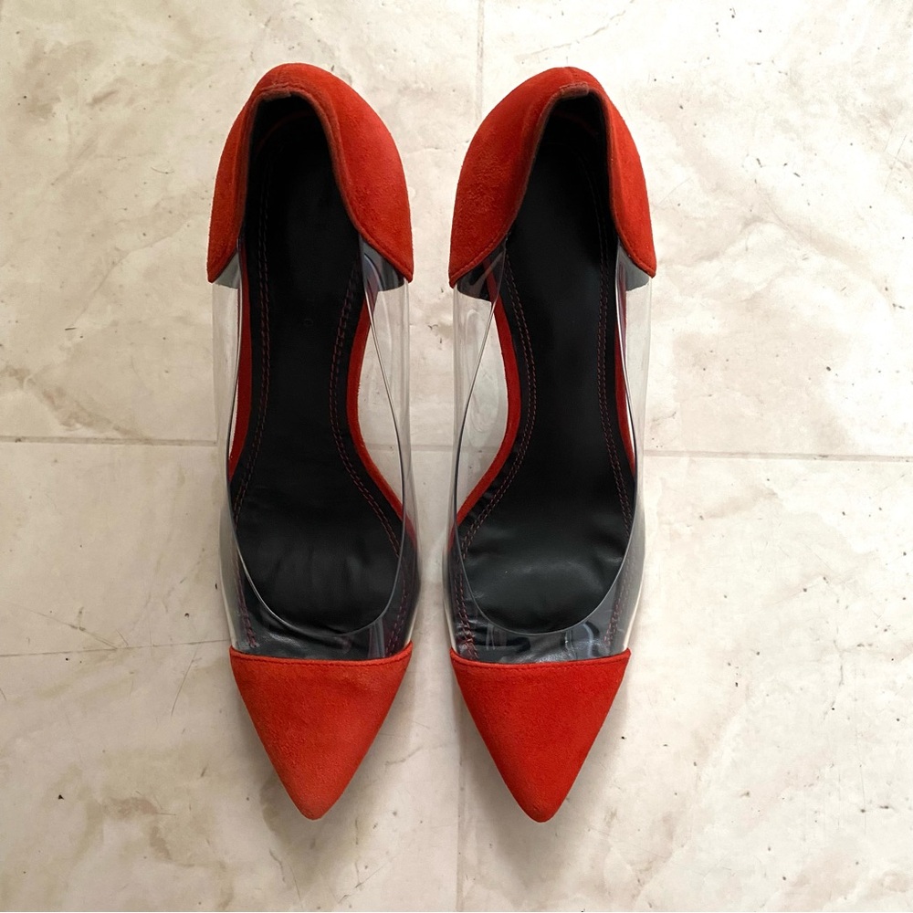 $340 Sandro Orange Suede Clear Vinyl Pointed Toe Pumps Heels Size 9.5/40 - Picture 5 of 14